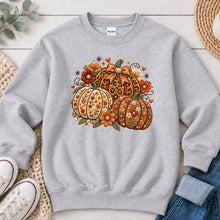 Load image into Gallery viewer, Orange Floral Embroidered Pumpkins Fall design on Ash Grey crewneck sweatshirt