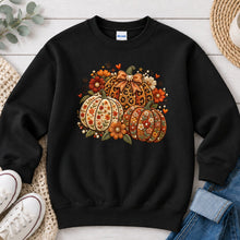 Load image into Gallery viewer, Orange Floral Embroidered Pumpkins Fall design on Black crewneck sweatshirt