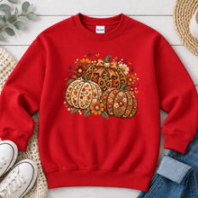 Load image into Gallery viewer, Orange Floral Embroidered Pumpkins Fall design on Red crewneck sweatshirt