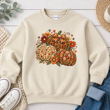 Load image into Gallery viewer, Orange Floral Embroidered Pumpkins Fall design on Sand crewneck sweatshirt