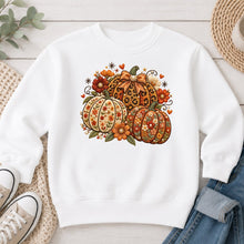 Load image into Gallery viewer, Orange Floral Embroidered Pumpkins Fall design on White crewneck sweatshirt