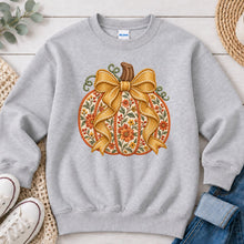 Load image into Gallery viewer, Orange Floral Pumpkin Gold Bow Fall design on Ash Grey crewneck sweatshirt