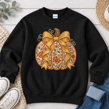 Load image into Gallery viewer, Orange Floral Pumpkin Gold Bow Fall design on Black crewneck sweatshirt