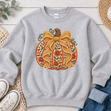 Load image into Gallery viewer, Orange Floral Pumpkin Gold Bow Light Fall design on Ash Grey crewneck sweatshirt
