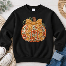 Load image into Gallery viewer, Orange Floral Pumpkin Gold Bow Light Fall design on Black crewneck sweatshirt