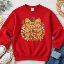 Load image into Gallery viewer, Orange Floral Pumpkin Gold Bow Light Fall design on Red crewneck sweatshirt