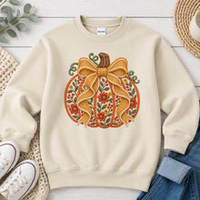 Load image into Gallery viewer, Orange Floral Pumpkin Gold Bow Light Fall design on Sand crewneck sweatshirt