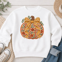 Load image into Gallery viewer, Orange Floral Pumpkin Gold Bow Light Fall design on White crewneck sweatshirt