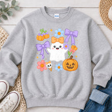 Load image into Gallery viewer, Pastel Bow Ghost Flowers Halloween design on Ash Grey crewneck sweatshirt