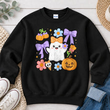 Load image into Gallery viewer, Pastel Bow Ghost Flowers Halloween design on Black crewneck sweatshirt