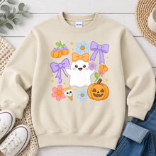 Load image into Gallery viewer, Pastel Bow Ghost Flowers Halloween design on Sand crewneck sweatshirt