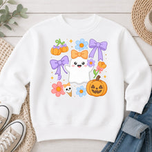 Load image into Gallery viewer, Pastel Bow Ghost Flowers Halloween design on White crewneck sweatshirt