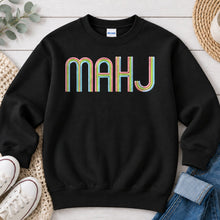Load image into Gallery viewer, Pastel Embroidered Mahj Monogram Mahjong design on Black crewneck sweatshirt