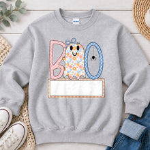 Load image into Gallery viewer, Pastel Floral Boo Name Banner Halloween design on Ash Grey crewneck sweatshirt