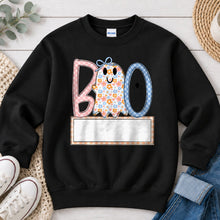 Load image into Gallery viewer, Pastel Floral Boo Name Banner Halloween design on Black crewneck sweatshirt