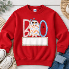 Load image into Gallery viewer, Pastel Floral Boo Name Banner Halloween design on Red crewneck sweatshirt