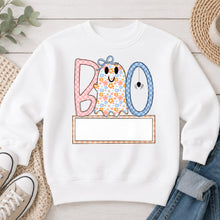 Load image into Gallery viewer, Pastel Floral Boo Name Banner Halloween design on White crewneck sweatshirt