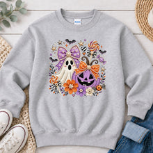 Load image into Gallery viewer, Pastel Ghost Pumpkin Bows Halloween design on Ash Grey crewneck sweatshirt