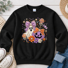 Load image into Gallery viewer, Pastel Ghost Pumpkin Bows Halloween design on Black crewneck sweatshirt
