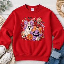 Load image into Gallery viewer, Pastel Ghost Pumpkin Bows Halloween design on Red crewneck sweatshirt