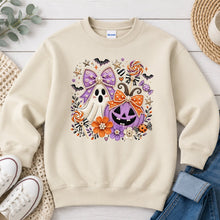 Load image into Gallery viewer, Pastel Ghost Pumpkin Bows Halloween design on Sand crewneck sweatshirt