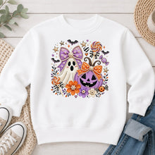 Load image into Gallery viewer, Pastel Ghost Pumpkin Bows Halloween design on White crewneck sweatshirt