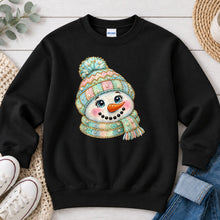 Load image into Gallery viewer, Pastel Knit Hat Snowman Winter design on Black crewneck sweatshirt