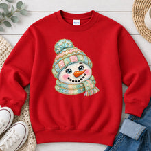 Load image into Gallery viewer, Pastel Knit Hat Snowman Winter design on Red crewneck sweatshirt