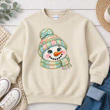 Load image into Gallery viewer, Pastel Knit Hat Snowman Winter design on Sand crewneck sweatshirt