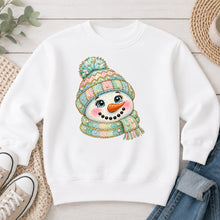 Load image into Gallery viewer, Pastel Knit Hat Snowman Winter design on White crewneck sweatshirt