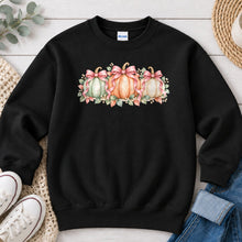 Load image into Gallery viewer, Pastel Pumpkin Row Pink Bows Fall design on Black crewneck sweatshirt