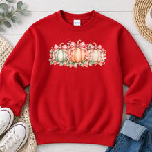 Load image into Gallery viewer, Pastel Pumpkin Row Pink Bows Fall design on Red crewneck sweatshirt