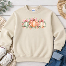 Load image into Gallery viewer, Pastel Pumpkin Row Pink Bows Fall design on Sand crewneck sweatshirt