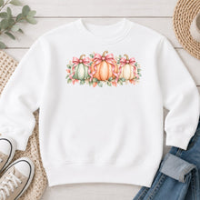 Load image into Gallery viewer, Pastel Pumpkin Row Pink Bows Fall design on White crewneck sweatshirt