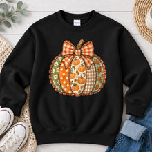 Load image into Gallery viewer, Patchwork Pumpkin Plaid Bow Fall design on Black crewneck sweatshirt