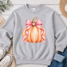 Load image into Gallery viewer, Peach Pumpkin Pink Bow Fall design on Ash Grey crewneck sweatshirt