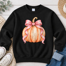 Load image into Gallery viewer, Peach Pumpkin Pink Bow Fall design on Black crewneck sweatshirt