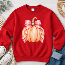 Load image into Gallery viewer, Peach Pumpkin Pink Bow Fall design on Red crewneck sweatshirt
