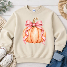 Load image into Gallery viewer, Peach Pumpkin Pink Bow Fall design on Sand crewneck sweatshirt