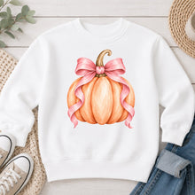 Load image into Gallery viewer, Peach Pumpkin Pink Bow Fall design on White crewneck sweatshirt