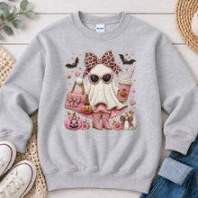 Load image into Gallery viewer, Pink Boujee Ghost Latte Halloween design on Ash Grey crewneck sweatshirt