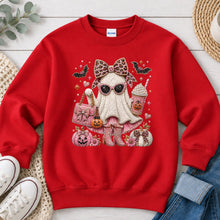 Load image into Gallery viewer, Pink Boujee Ghost Latte Halloween design on Red crewneck sweatshirt