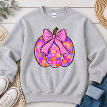 Load image into Gallery viewer, Pink Bow Checkered Pumpkin Halloween design on Ash Grey crewneck sweatshirt