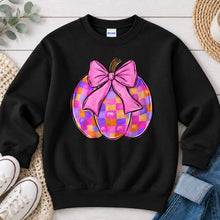 Load image into Gallery viewer, Pink Bow Checkered Pumpkin Halloween design on Black crewneck sweatshirt