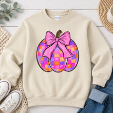 Load image into Gallery viewer, Pink Bow Checkered Pumpkin Halloween design on Sand crewneck sweatshirt