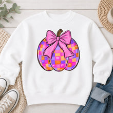Load image into Gallery viewer, Pink Bow Checkered Pumpkin Halloween design on White crewneck sweatshirt