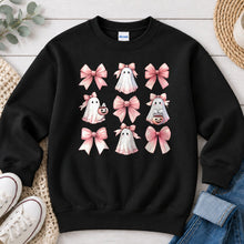 Load image into Gallery viewer, Pink Bows And Ghosts Pattern Halloween design on Black crewneck sweatshirt