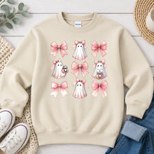 Load image into Gallery viewer, Pink Bows And Ghosts Pattern Halloween design on Sand crewneck sweatshirt
