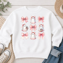 Load image into Gallery viewer, Pink Bows And Ghosts Pattern Halloween design on White crewneck sweatshirt