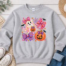 Load image into Gallery viewer, Pink Bows Ghost Pumpkin Halloween design on Ash Grey crewneck sweatshirt